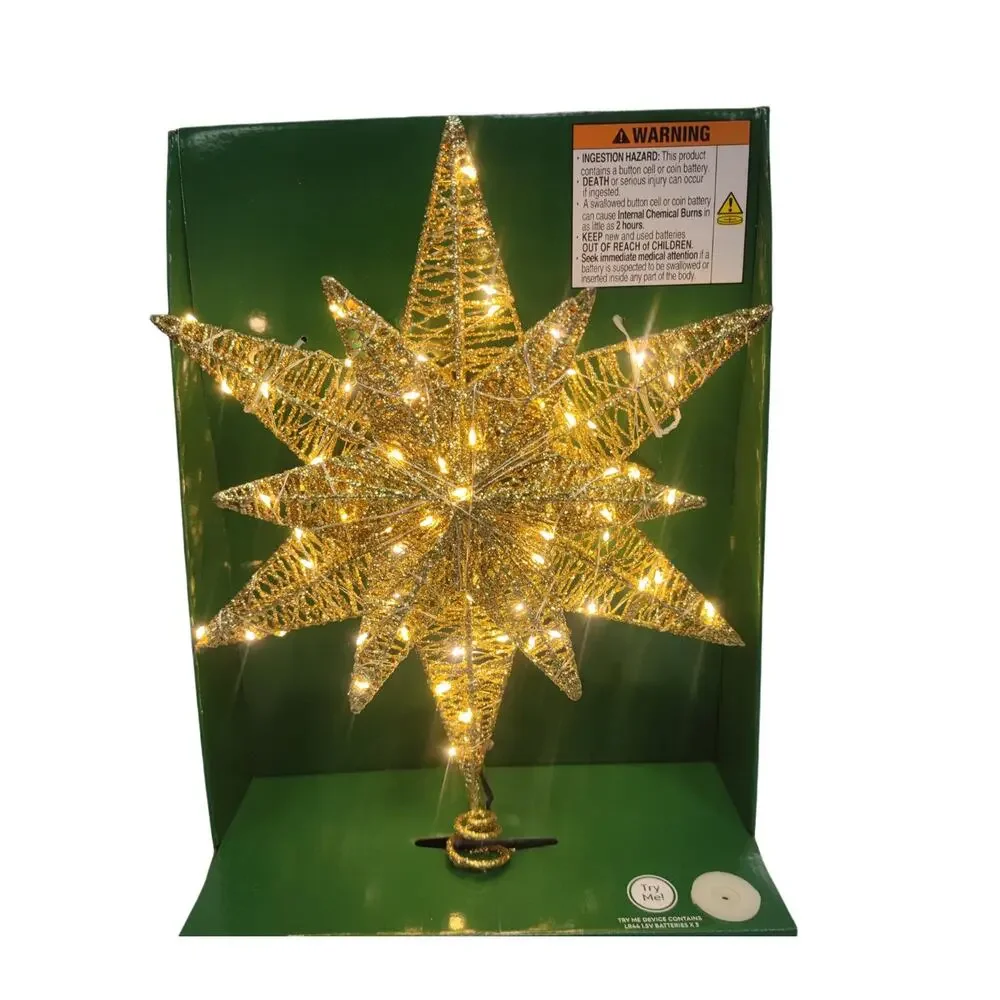 Champagne Gold Glitter Star Light Up LED Christmas Tree Topper 15.5